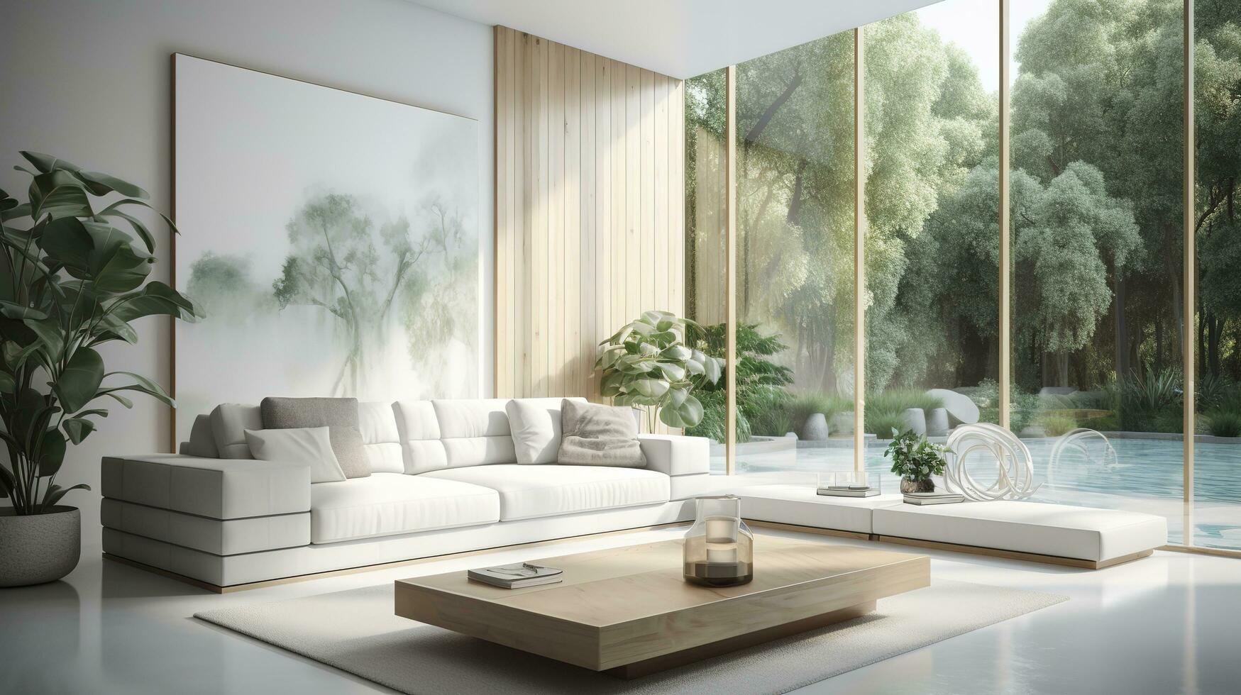 Modern living room with large windows and a view of trees
